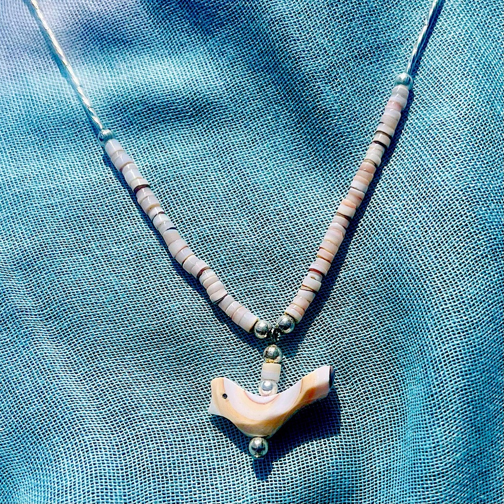 Pink Coral and Silver Bird necklace